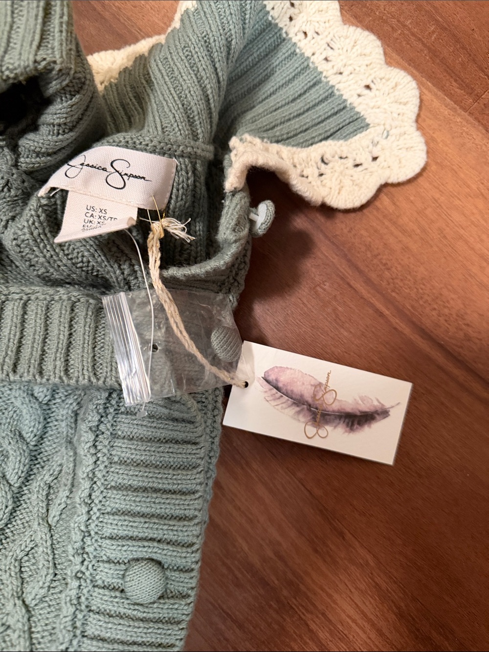 Jessica Simpson Sage Green Cable-Knit Button Cardigan with Cream Lace Trim - Picture 8 of 9